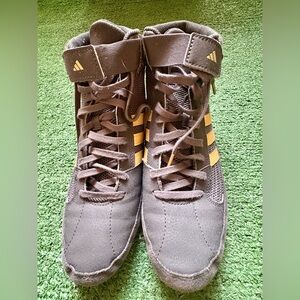 Adidas Black High-Tops with Gold Accents. Wrestling shoes.